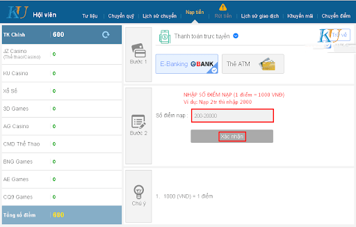 Nạp/Rút tiền trên website Ku Casino